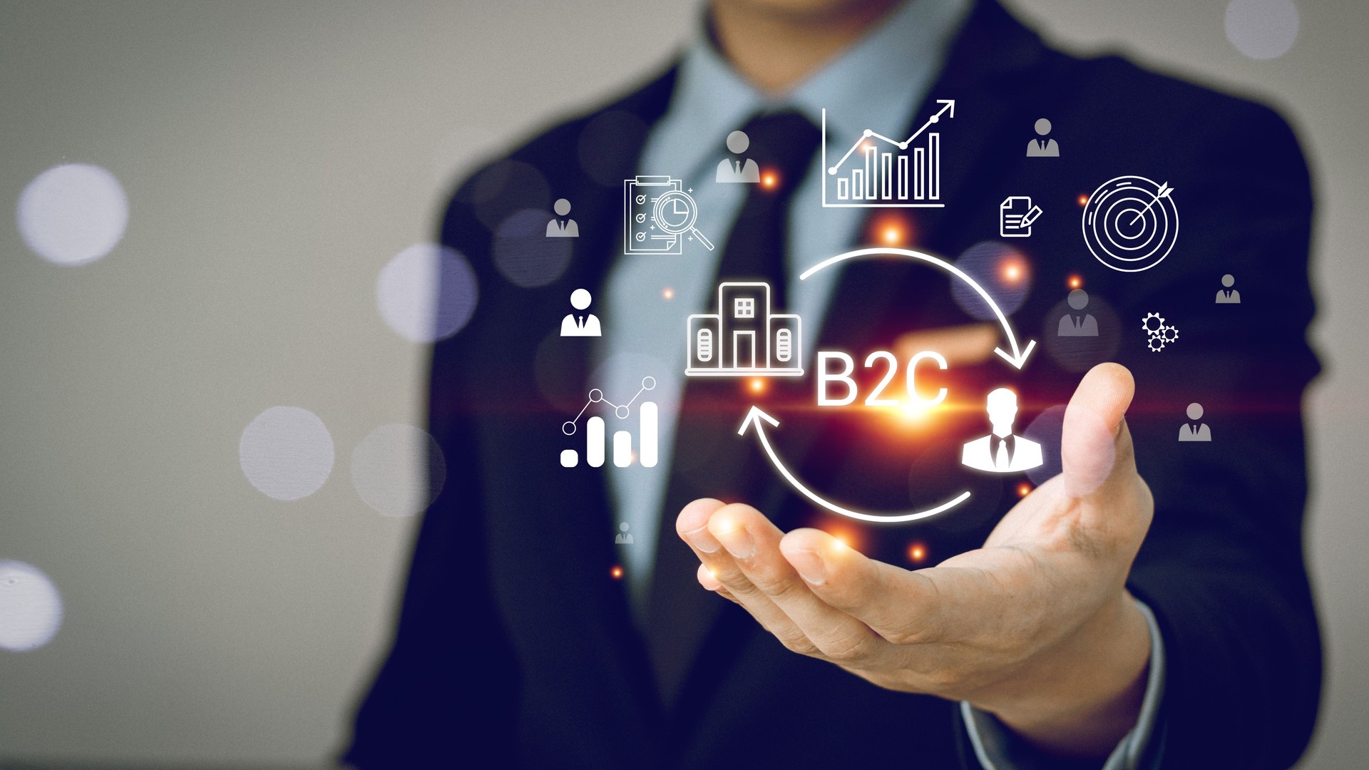 Business to consumer (B2C) marketing, business model concept. Businessman touching on screen for B2C management by using digital platforms. Leveraging technology and digital marketing strategies.