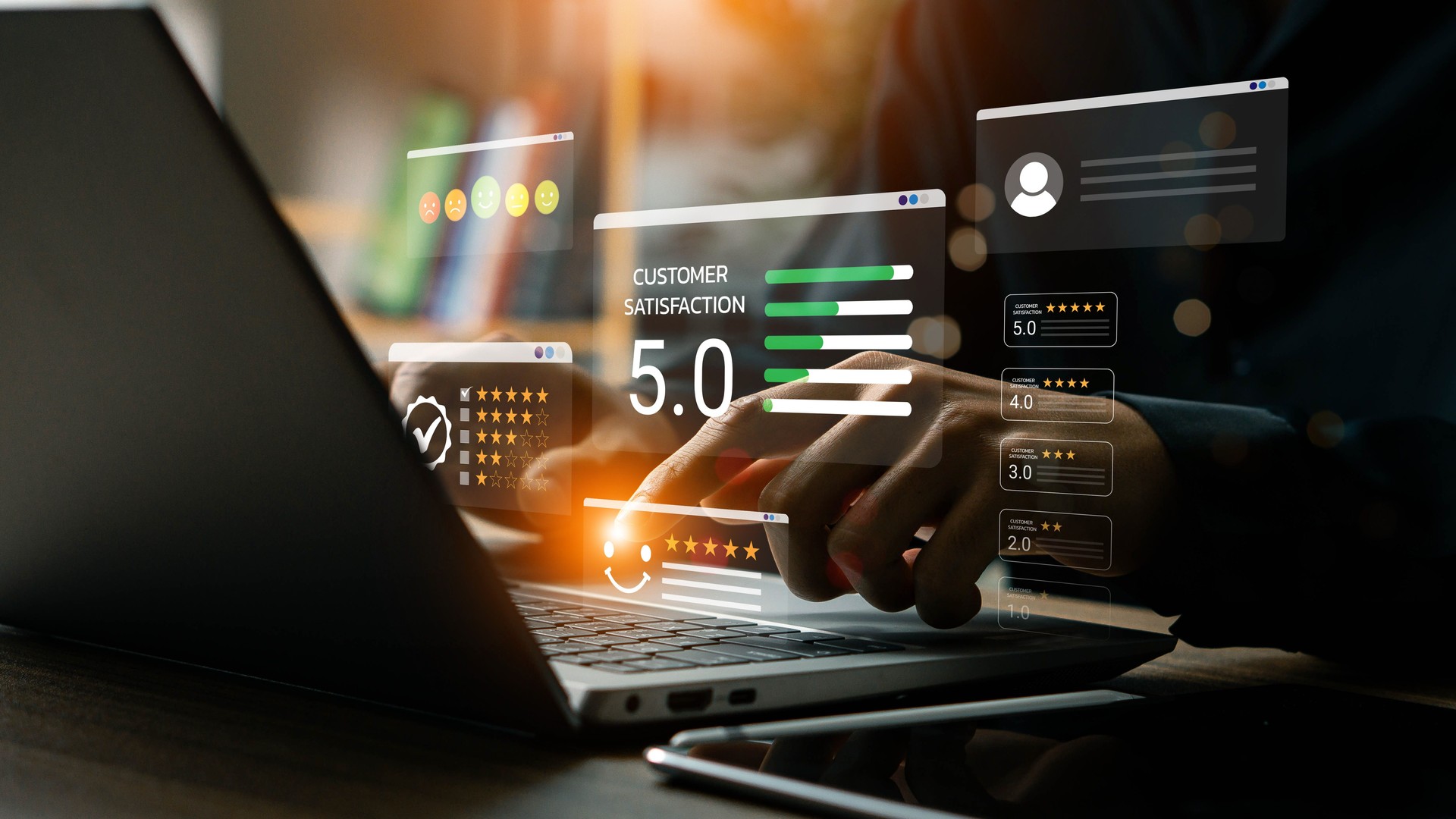 Customer review satisfaction feedback survey concept, User give rating to service experience on online application, comment and feedback review for quality, Business reputation ranking from buyers