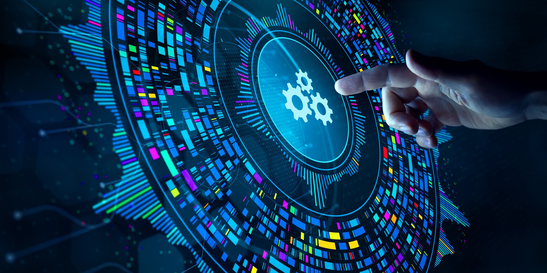 Big data technology and data science. Data scientist analysing and visualizing complex data set on virtual screen. Computing, genomics, artificial intelligence, machine learning, business analytics.